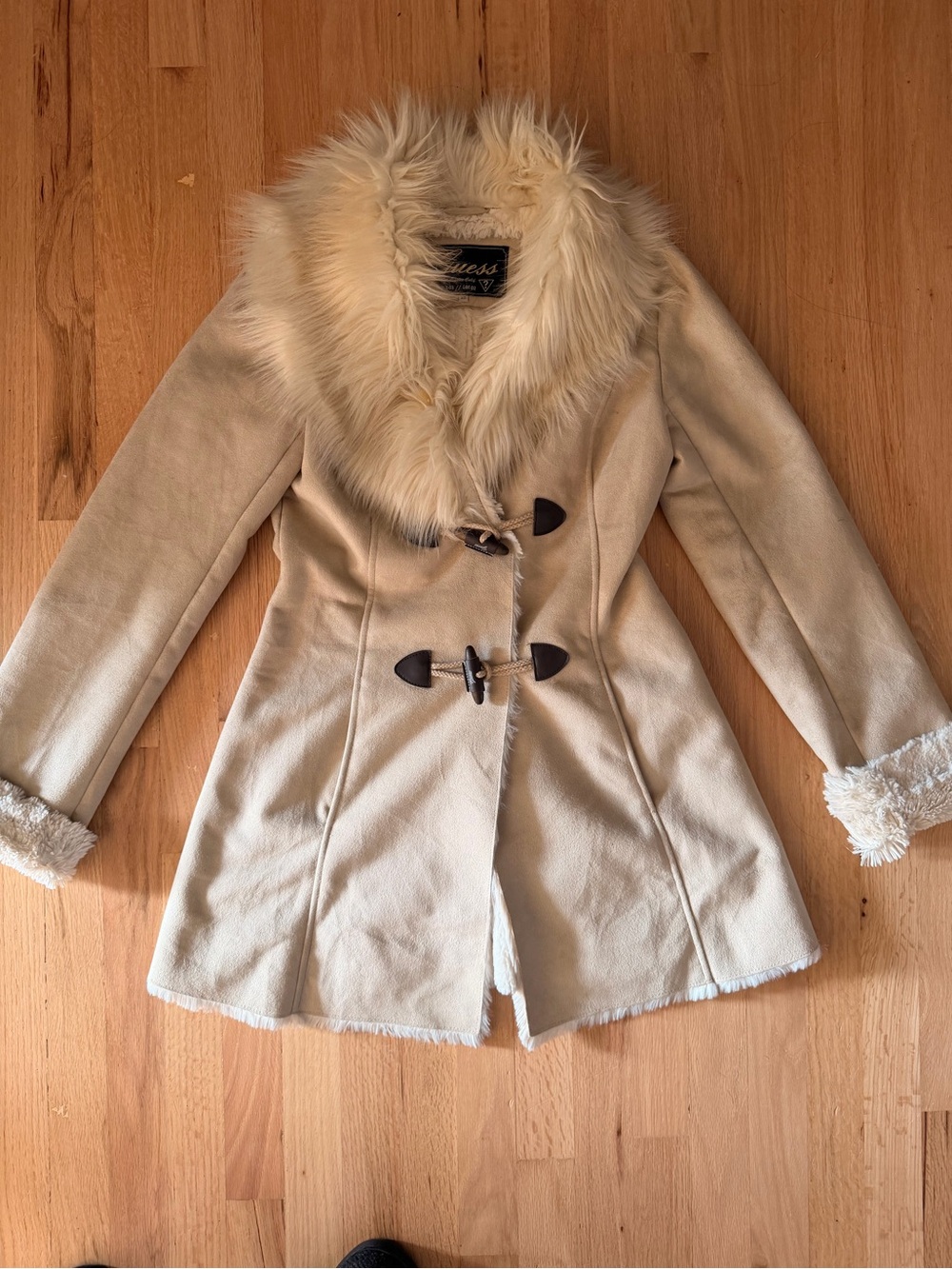 Guess Cream Faux-Fur Collar Toggle Pea Coat